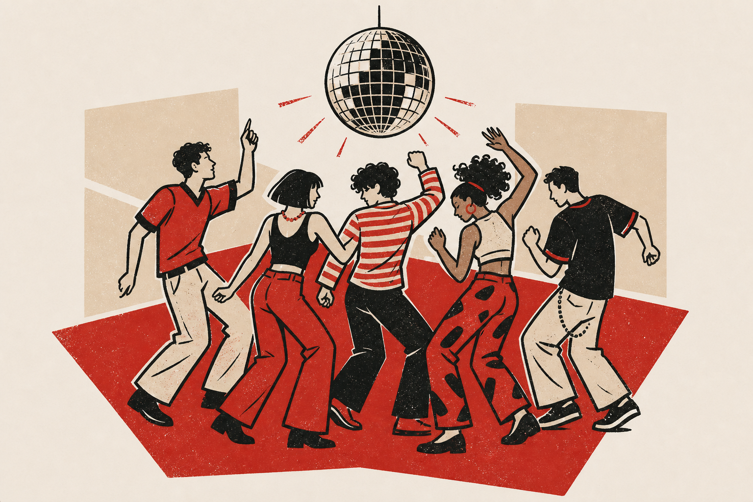 Menschen tanzen unter einer Discokugel