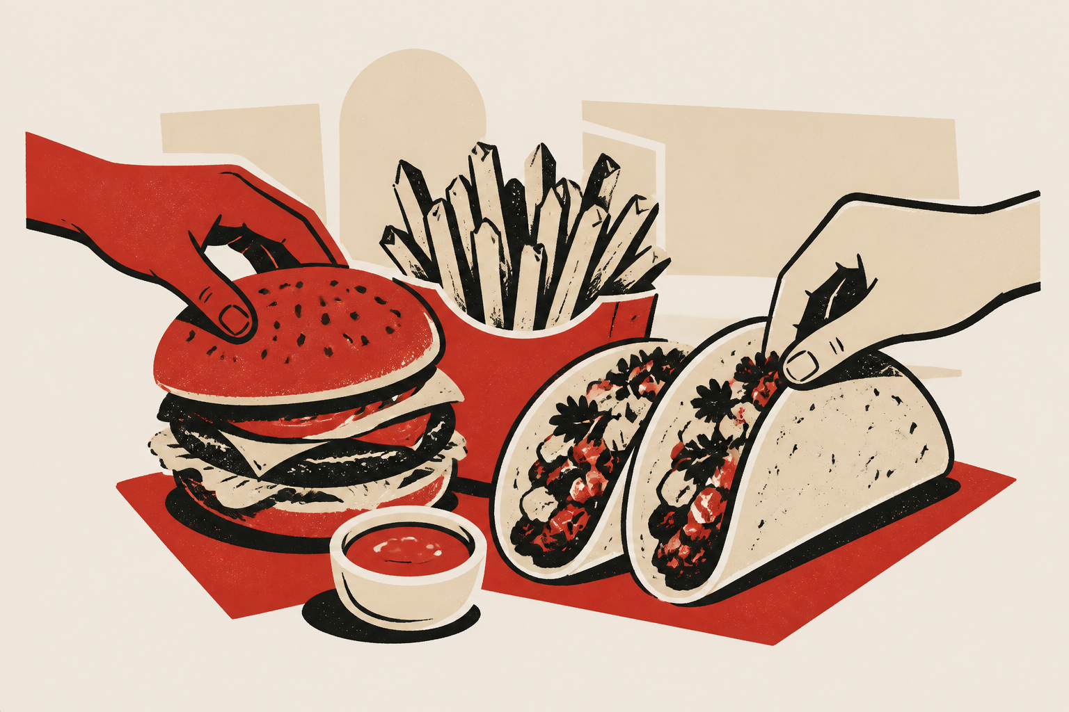 Burger, Pommes und Tacos auf einem Tisch